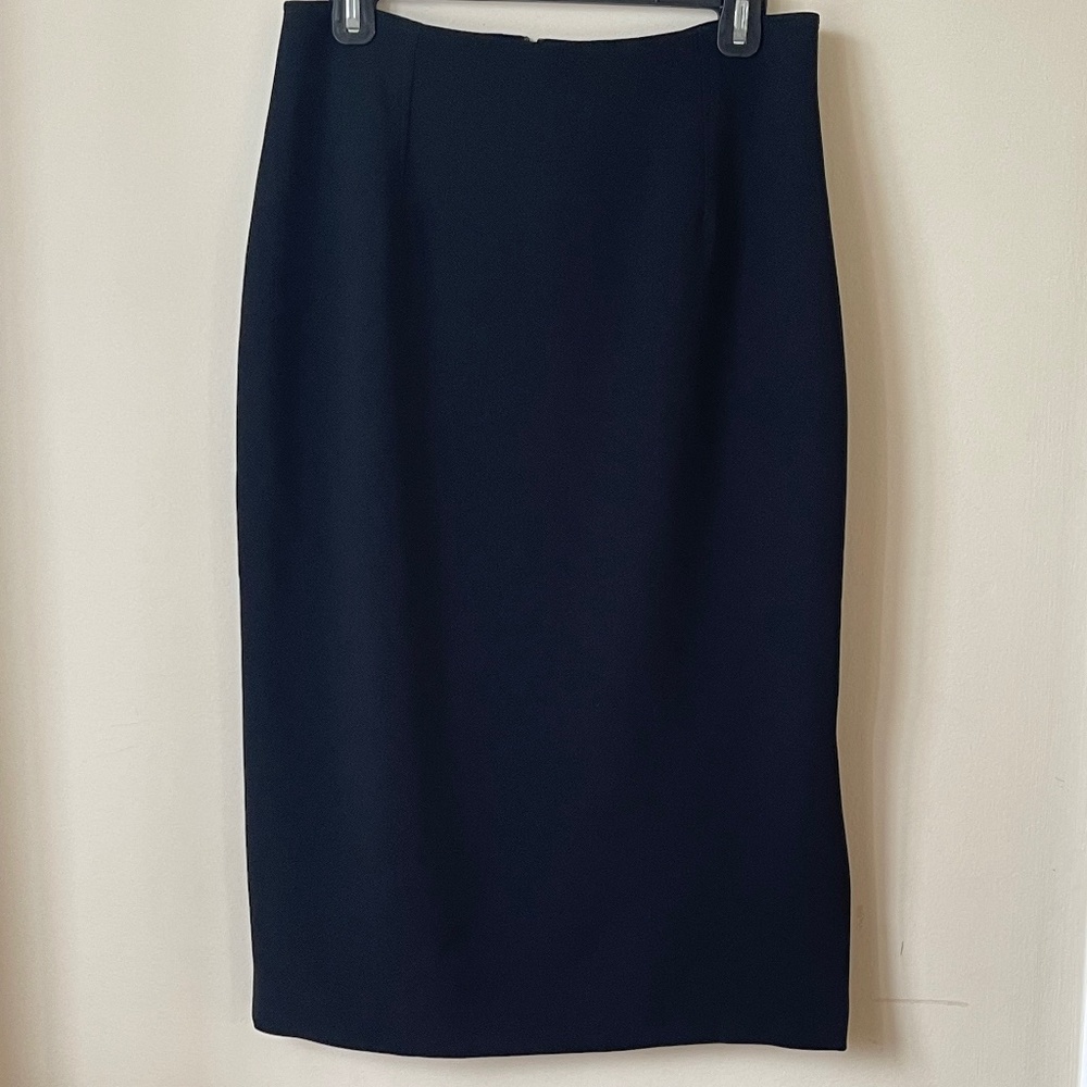 Black crepe midi pencil skirt with side slit